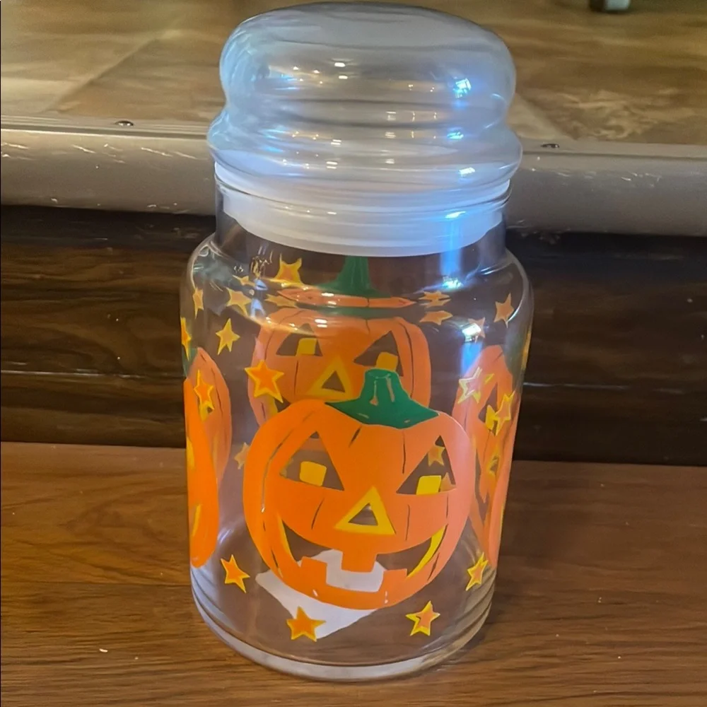 Libbey glass halloween pumpkin jack o lantern candy jar with lid
